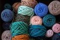 Multicolored cotton balls of yarn and ropes for macrame close up Royalty Free Stock Photo