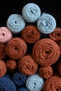 Multicolored cotton balls of yarn and ropes for macrame close up Royalty Free Stock Photo