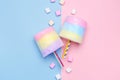 Multicolored Cotton candy. Pastel marshmallows. Minimal style. Pastel background Royalty Free Stock Photo