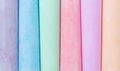 Multicolored crayons, pastel. stripes, lines, gentle. Green, yellow, pink, purple, blue. Painted Pastels white blackboard Royalty Free Stock Photo