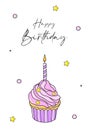 Multicolored cupcake with a candle. Colorful happy birthday greeting card