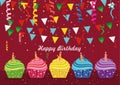 Multicolored cupcakes with candle. Happy Birthday. Garland with flags Royalty Free Stock Photo