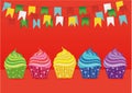 Multicolored cupcakes. Greeting card for the day. Vector. Free space