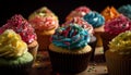 Multicolored cupcakes with ornate strawberry decorations generated by AI