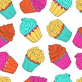 Multicolored cupcakes seamless pattern isolated on transparent background