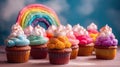 Multicolored cupcakes on the table. Generative AI.