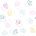 Multicolored cupcakes on a white background. Vector seamless pattern.