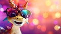 Multicolored cute dragon in sunglasses on colorful blurred background with bokeh