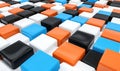 Multicolored 3D cubes. Glossy black, white orange and blue blocks are arranged in a tiled pattern creating a dynamic geometric Royalty Free Stock Photo