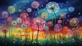 multicolored dandelions, each hue blending harmoniously on a grassy background Royalty Free Stock Photo