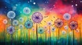 multicolored dandelions, each hue blending harmoniously on a grassy background Royalty Free Stock Photo