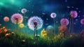 multicolored dandelions, each hue blending harmoniously on a grassy background Royalty Free Stock Photo