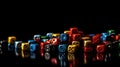 Multicolored Dice Array on Sleek Black Surface