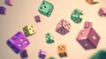 Multicolored Dice in Mid-Toss Action Ideal for Game Graphics or Entertainment Themes