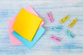 Multicolored different notes or sticky post-it on wooden office table background .mockup. Royalty Free Stock Photo