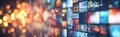 Multicolored digital screnn wall with glowing light streaming services effects in a bokeh style Royalty Free Stock Photo