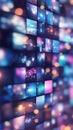 Multicolored digital screnn wall with glowing light streaming services effects in a bokeh style Royalty Free Stock Photo