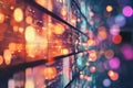 Multicolored digital screnn wall with glowing light streaming services effects in a bokeh style Royalty Free Stock Photo