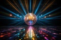 Multicolored disco ball in a dark empty room. Reflections of light on a disco ball