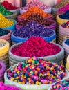 Multicolored dried flowers on sale in the souks of Marrakesh`s medina in Morocco