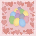Multicolored easter bright eggs with red small hearts on a delicate pastel pink background vector postcard