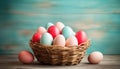 Multicolored Easter eggs in basket.