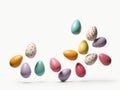 Multicolored Easter eggs floating symmetrically against a light grey background - Generative AI Royalty Free Stock Photo