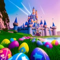 Multicolored Eggs in Front of a Majestic Castle And Shooting Stars In The Sky - AI Generated Illustration