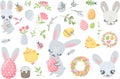 Multicolored eggs, plants, rabbit and chickens, insects, spring elements for design on a white background Royalty Free Stock Photo