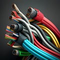 Multicolored electric cables on a gray background. 3d illustration