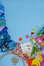 Multicolored embroidered symbols. All the necessary items for embroidery on the table Royalty Free Stock Photo