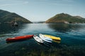 Multicolored empty boats near the Adriatic coast, Montenegro