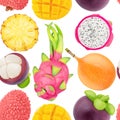 Multicolored endless pattern made with exotic fruits isolated on white background. Royalty Free Stock Photo