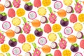 Multicolored endless pattern made with exotic fruits isolated on white background. Royalty Free Stock Photo