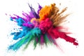 Multicolored explosion of rainbow holi powder paint isolated on white background, AI Generative Royalty Free Stock Photo