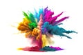 Multicolored explosion of rainbow holi powder paint isolated on white background, AI Generative Royalty Free Stock Photo