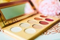 Multicolored eyeshadows palette with soft focus. Conceptual photo for beauty salon Royalty Free Stock Photo