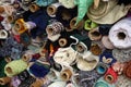 Multicolored fabrics in the shop window.