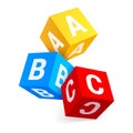 Multicolored falling alphabet cubes with letters A,B,C realistic vector childish educative game toy Royalty Free Stock Photo