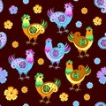 Multicolored fancy colored chickens with paisley-shaped wings and funny flowers on a dark brown background