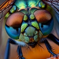 Multicolored fantastic eye blue dragonfly closeup macro, facet vision of insect