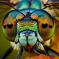 Multicolored fantastic eye blue dragonfly closeup macro, facet vision of insects