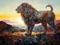 A Multicolored Fantastic Lion in a Surreal Landscape - generative AI