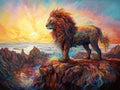 A Multicolored Fantastic Lion in a Surreal Landscape - generative AI