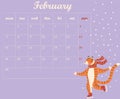 Multicolored February 2022 Monthly Planner with illustration of a cute tiger wearing a scarf ice skating under snow flakes.