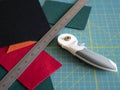 Multicolored felts a rotary cutter and a ruler on the cutting mat. Sewing tools and materials. Preparing to a handwork