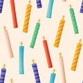 Multicolored festive wax candles with fire. Vector birthday seamless cartoon pattern