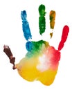 Multicolored fingerprint of the right hand, photo on white background. The palm print gouache. Royalty Free Stock Photo