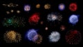 Multicolored fireworks set isolated on a black background. Colorful bright firework flashes variety for celebration and holyday Royalty Free Stock Photo