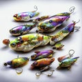 Multicolored fishing lures on a white background. Close-up. Generative AI